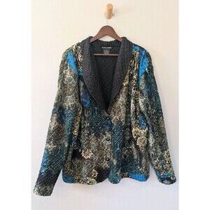 Tania Nardi Handmade Jacket XL Crinkle Satin Art Wear Buttons Pockets Blue Black